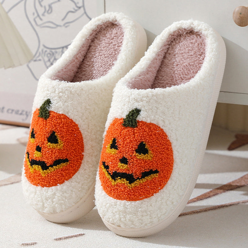 Halloween Pumpkin Cartoon Slippers – Warm Winter Indoor House Shoes for Men & Women