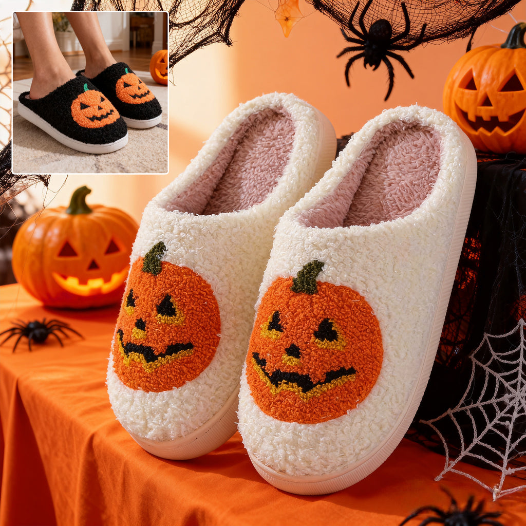 Halloween Pumpkin Cartoon Slippers – Warm Winter Indoor House Shoes for Men & Women