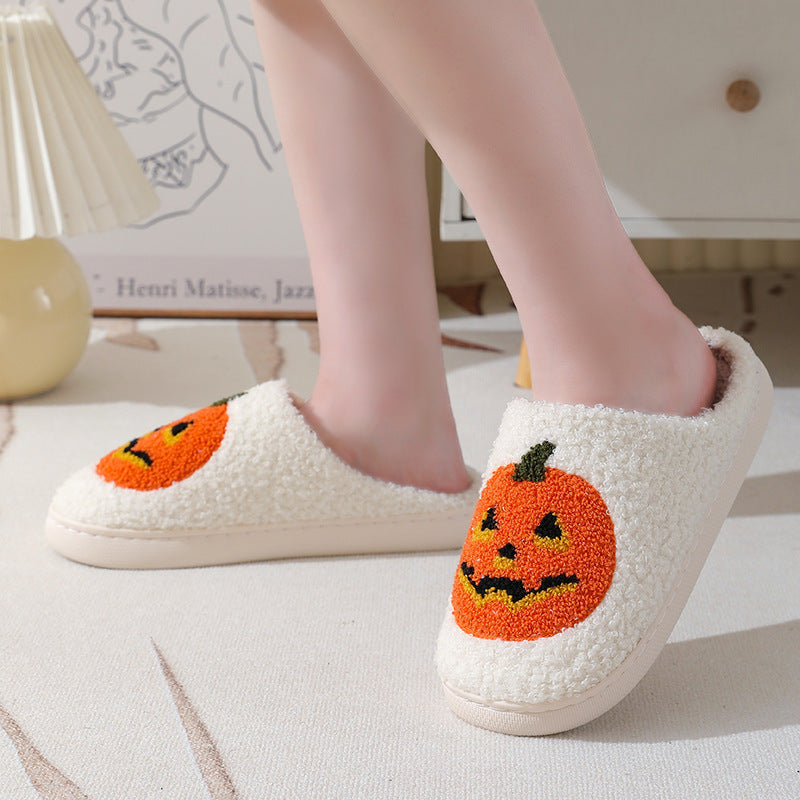 Halloween Pumpkin Cartoon Slippers – Warm Winter Indoor House Shoes for Men & Women