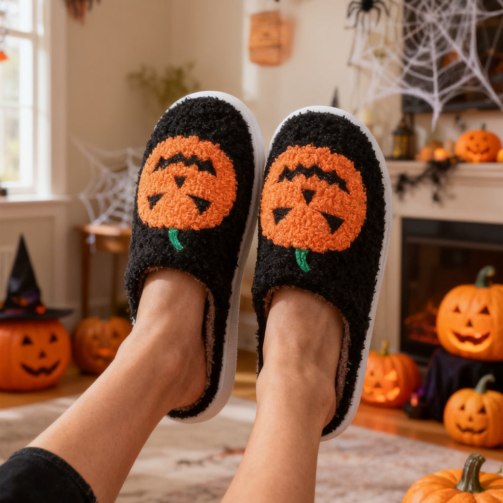 Halloween Pumpkin Cartoon Slippers – Warm Winter Indoor House Shoes for Men & Women