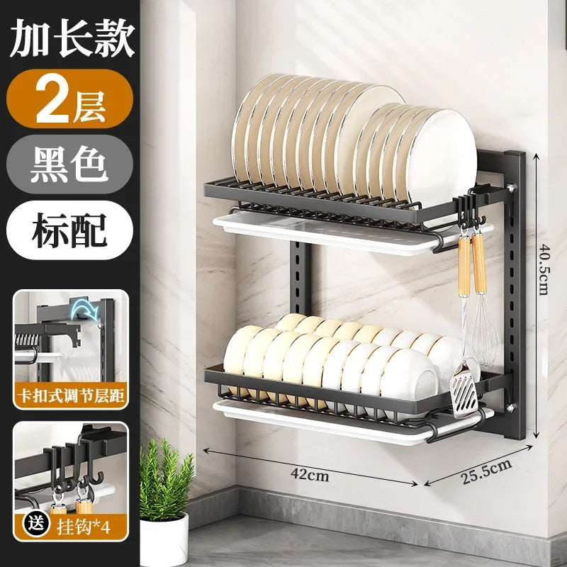 Kitchen Dish Rack Wall Mounted Multifunctional Storage Rack No-hole Cupboard with Chopsticks Knives Plates Draining Storage