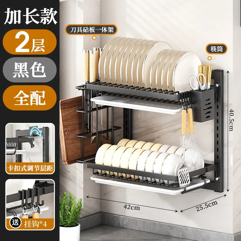 Kitchen Dish Rack Wall Mounted Multifunctional Storage Rack No-hole Cupboard with Chopsticks Knives Plates Draining Storage