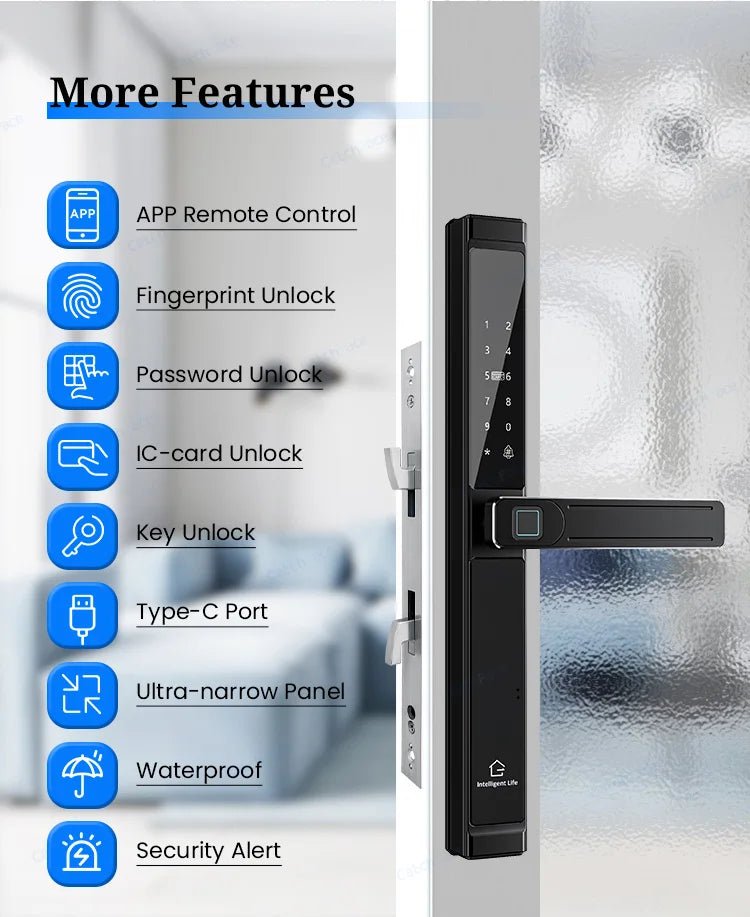 Waterproof Double-sided Gate Lock Fingerprint Lock APP RFID Code Keyless Smart Lock Electronic Door Lock for Aluminum Door/Iron