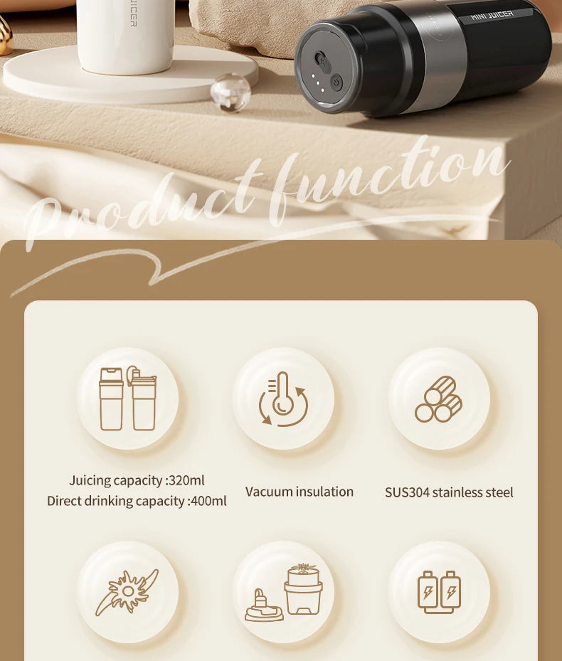 Insulated Juicer Double Layer Vacuum 304 Stainless Steel Juicers 350ml USB Charge Portable 26 Blades Strong Power Freesh Juicer