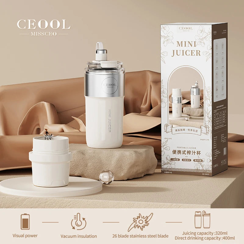 Insulated Juicer Double Layer Vacuum 304 Stainless Steel Juicers 350ml USB Charge Portable 26 Blades Strong Power Freesh Juicer