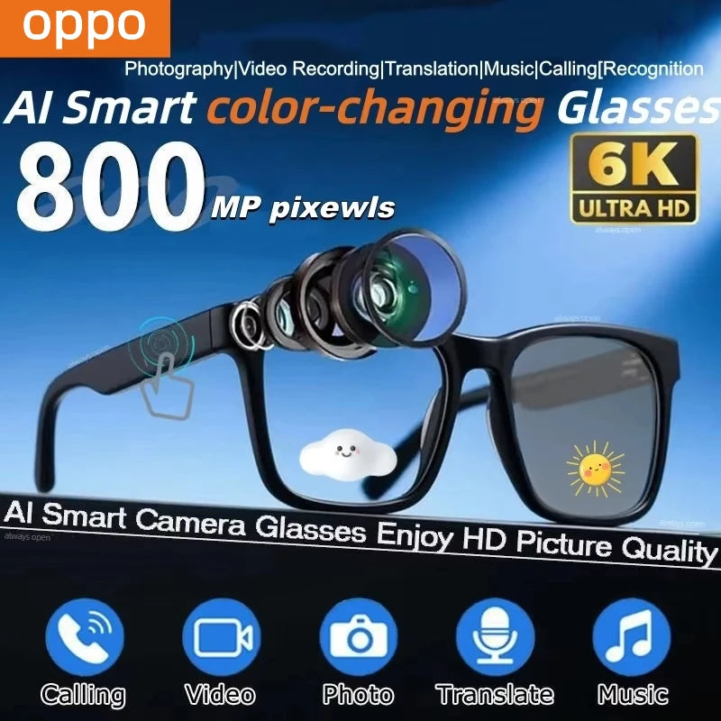 OPPO 6K AI Smart Glasses 800W Pixel Photochromic Multifunction Bluetooth HD Call Voice Assistant Stereo Music Player Translate
