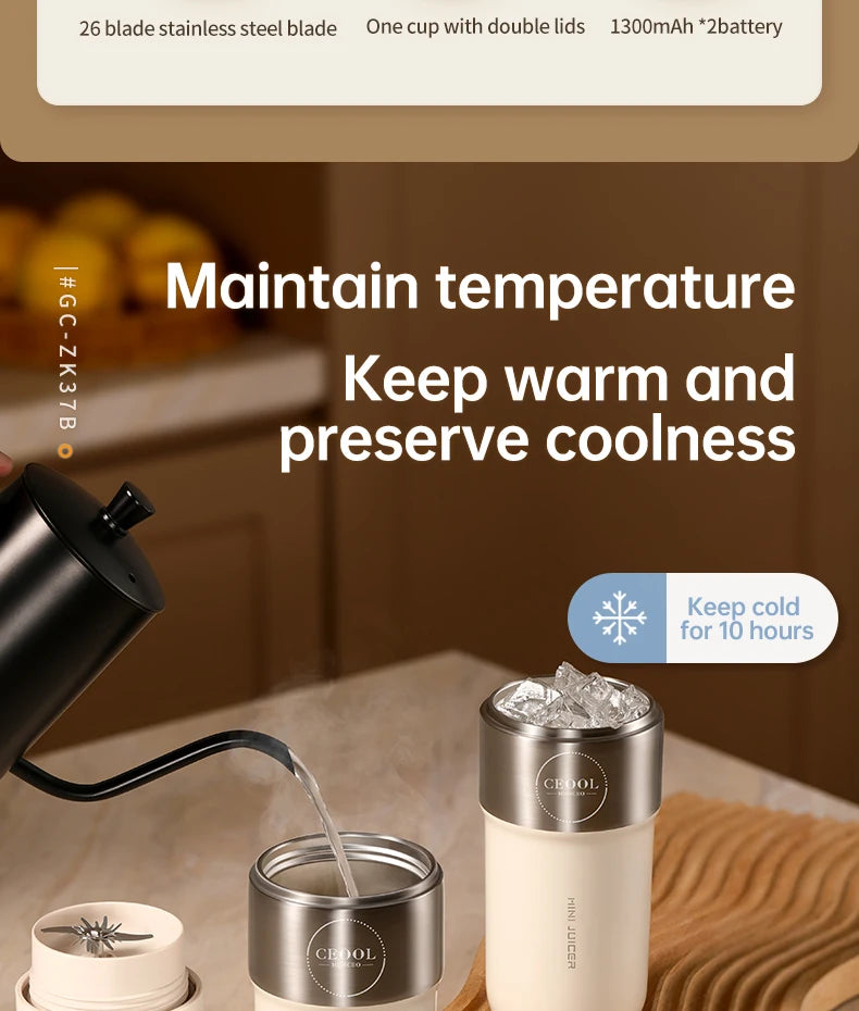 Insulated Juicer Double Layer Vacuum 304 Stainless Steel Juicers 350ml USB Charge Portable 26 Blades Strong Power Freesh Juicer