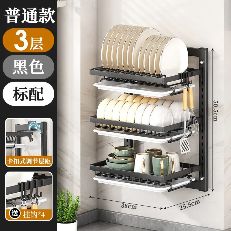 Kitchen Dish Rack Wall Mounted Multifunctional Storage Rack No-hole Cupboard with Chopsticks Knives Plates Draining Storage