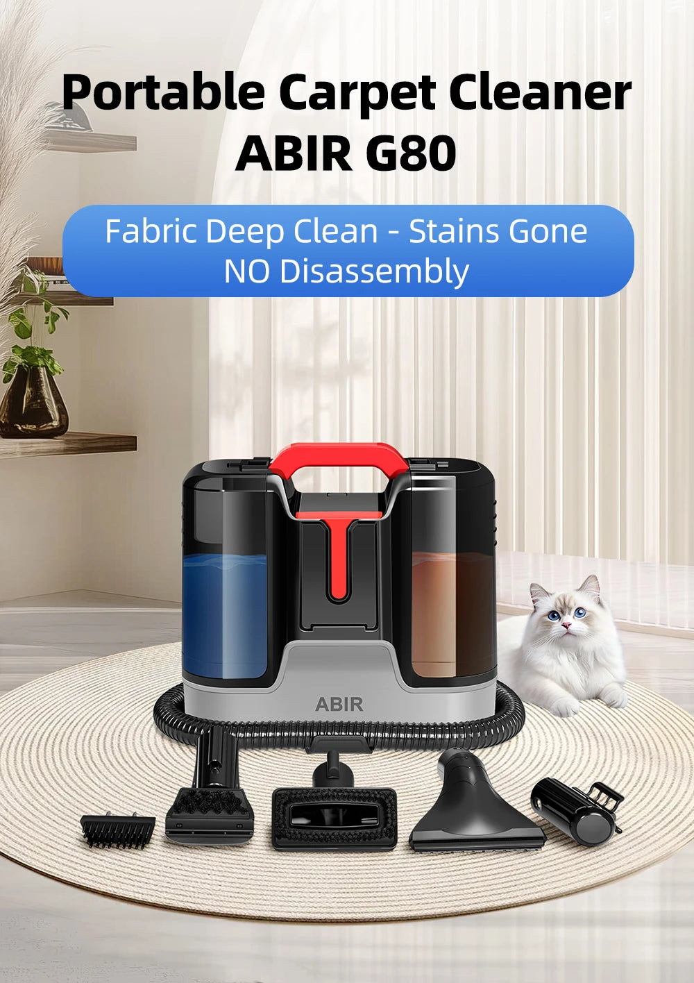 Handheld Carpet Cleaner ABIR G80,150000PA Wet Dry Vacuum Cleaner for Home Sofa Window Car Pet Upholstery Spot Farbric Cleaner