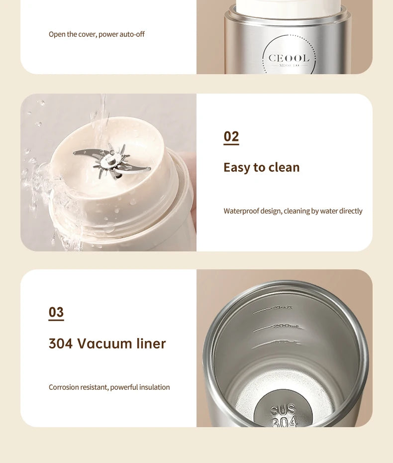 Insulated Juicer Double Layer Vacuum 304 Stainless Steel Juicers 350ml USB Charge Portable 26 Blades Strong Power Freesh Juicer