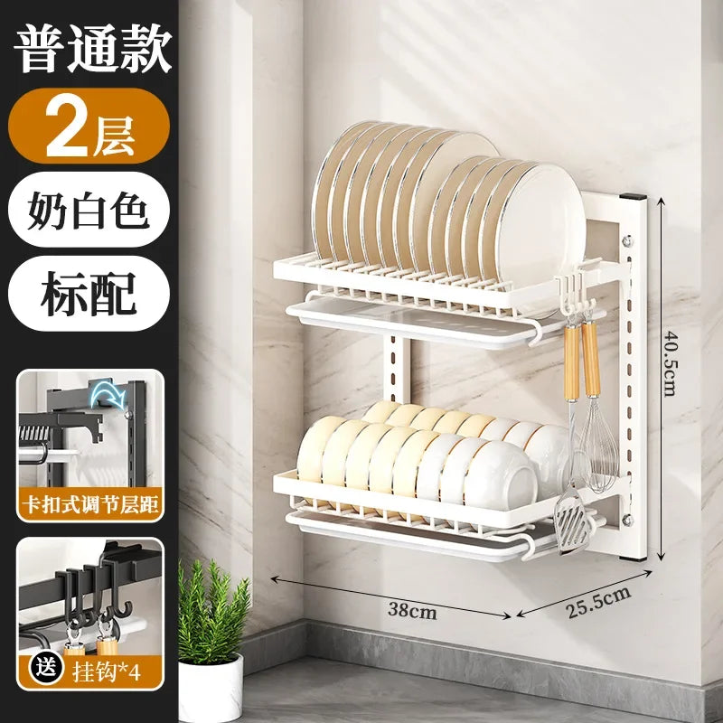 Kitchen Dish Rack Wall Mounted Multifunctional Storage Rack No-hole Cupboard with Chopsticks Knives Plates Draining Storage