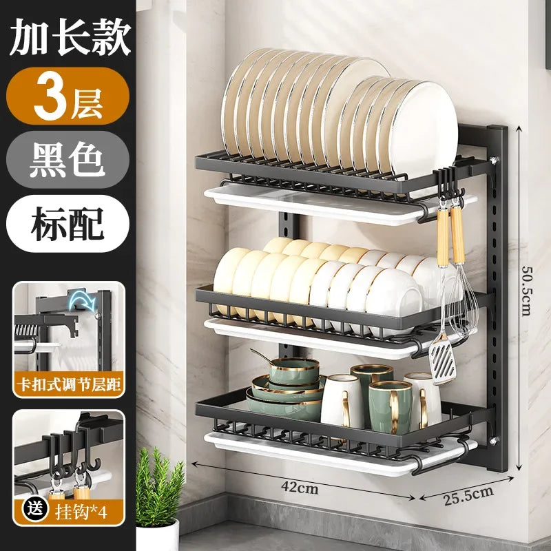 Kitchen Dish Rack Wall Mounted Multifunctional Storage Rack No-hole Cupboard with Chopsticks Knives Plates Draining Storage
