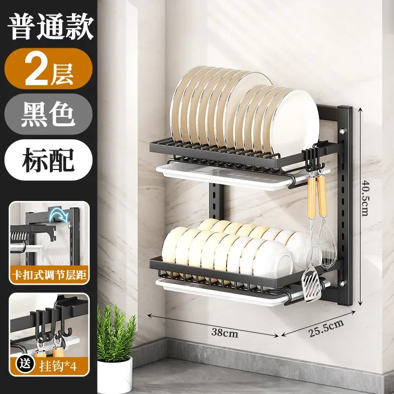 Kitchen Dish Rack Wall Mounted Multifunctional Storage Rack No-hole Cupboard with Chopsticks Knives Plates Draining Storage