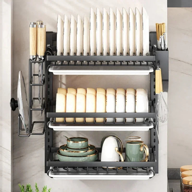 Kitchen Dish Rack Wall Mounted Multifunctional Storage Rack No-hole Cupboard with Chopsticks Knives Plates Draining Storage