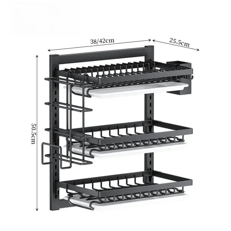 Kitchen Dish Rack Wall Mounted Multifunctional Storage Rack No-hole Cupboard with Chopsticks Knives Plates Draining Storage