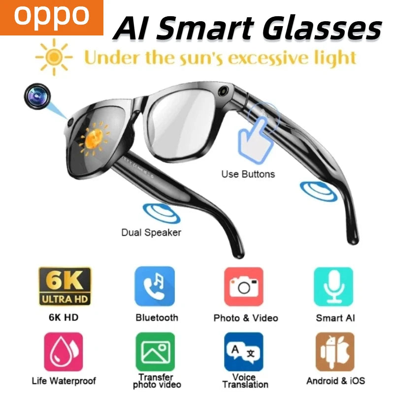 OPPO 6K AI Smart Glasses 800W Pixel Photochromic Multifunction Bluetooth HD Call Voice Assistant Stereo Music Player Translate