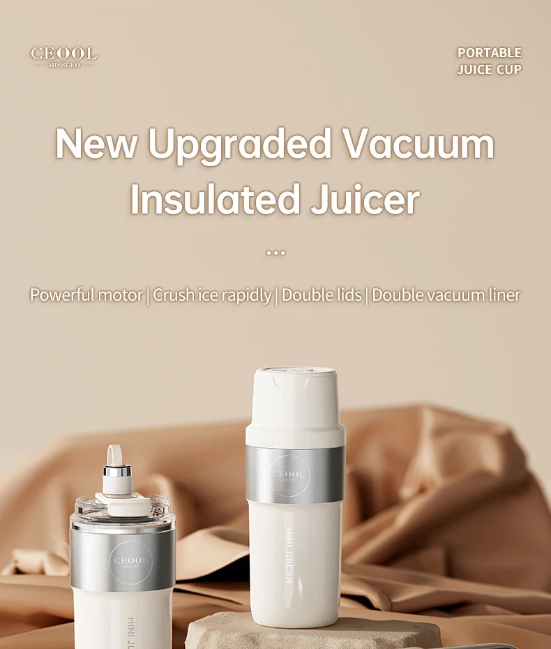 Insulated Juicer Double Layer Vacuum 304 Stainless Steel Juicers 350ml USB Charge Portable 26 Blades Strong Power Freesh Juicer
