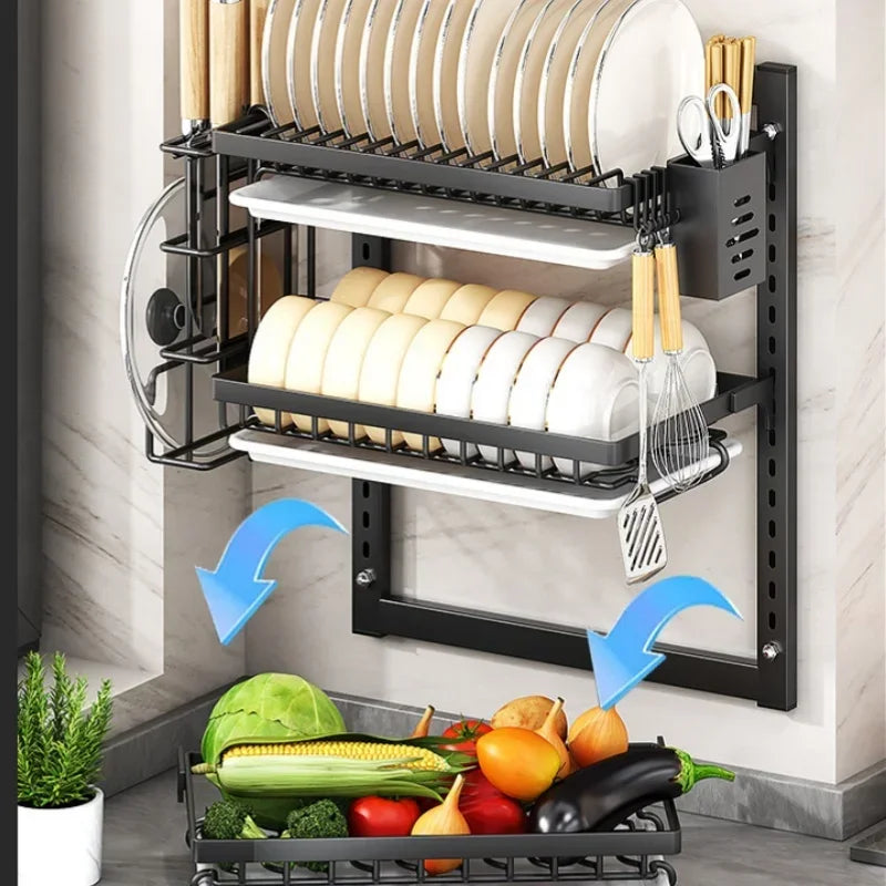Kitchen Dish Rack Wall Mounted Multifunctional Storage Rack No-hole Cupboard with Chopsticks Knives Plates Draining Storage