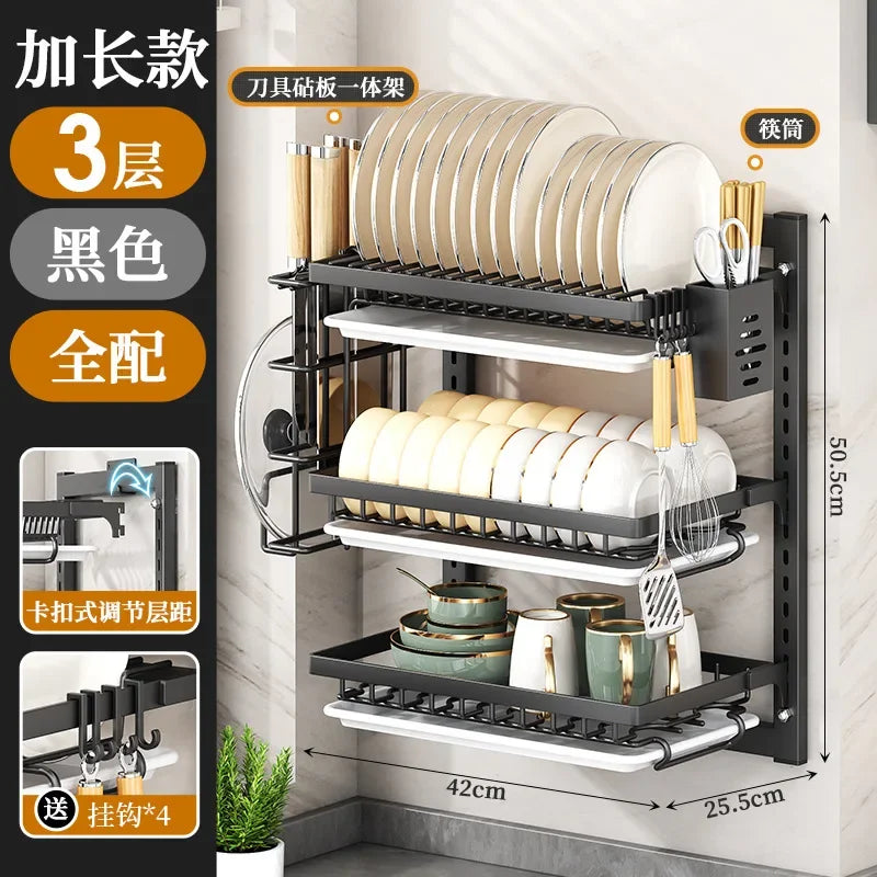 Kitchen Dish Rack Wall Mounted Multifunctional Storage Rack No-hole Cupboard with Chopsticks Knives Plates Draining Storage