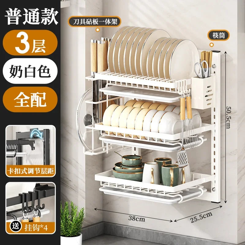 Kitchen Dish Rack Wall Mounted Multifunctional Storage Rack No-hole Cupboard with Chopsticks Knives Plates Draining Storage
