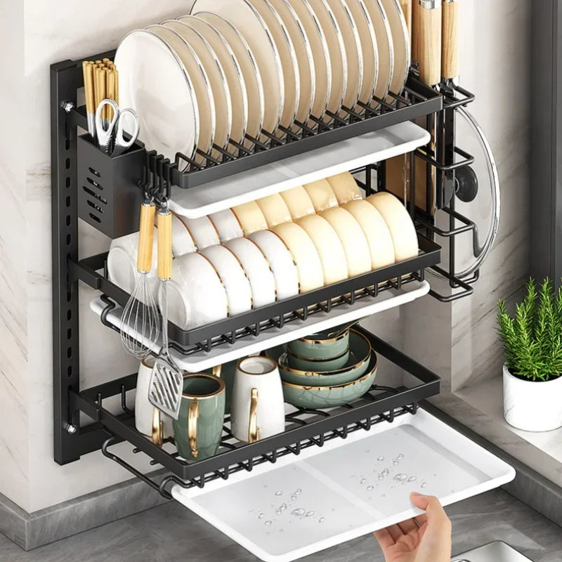 Kitchen Dish Rack Wall Mounted Multifunctional Storage Rack No-hole Cupboard with Chopsticks Knives Plates Draining Storage