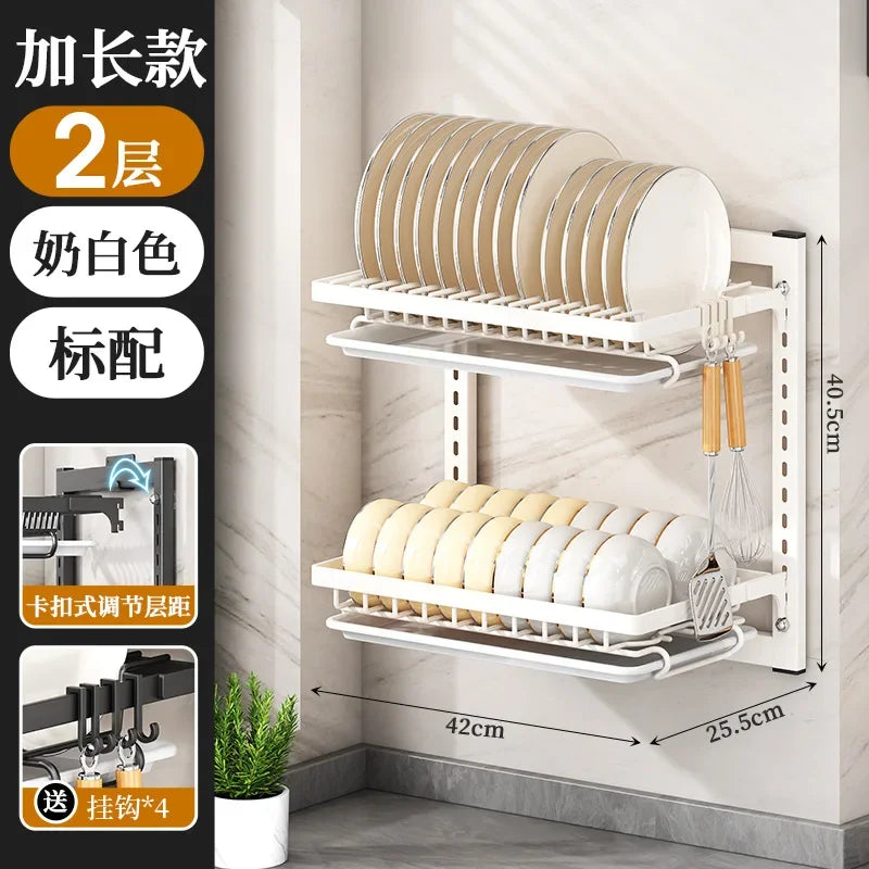 Kitchen Dish Rack Wall Mounted Multifunctional Storage Rack No-hole Cupboard with Chopsticks Knives Plates Draining Storage