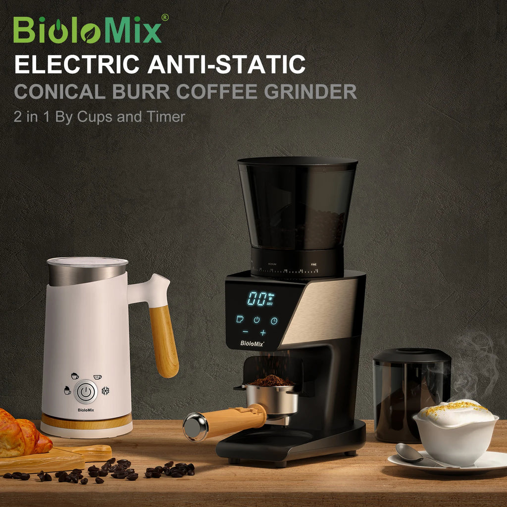 BioloMix Automatic Burr Mill Electric Coffee Grinder with 30 Gears for Espresso American Coffee Pour Over Visual Bean Storage