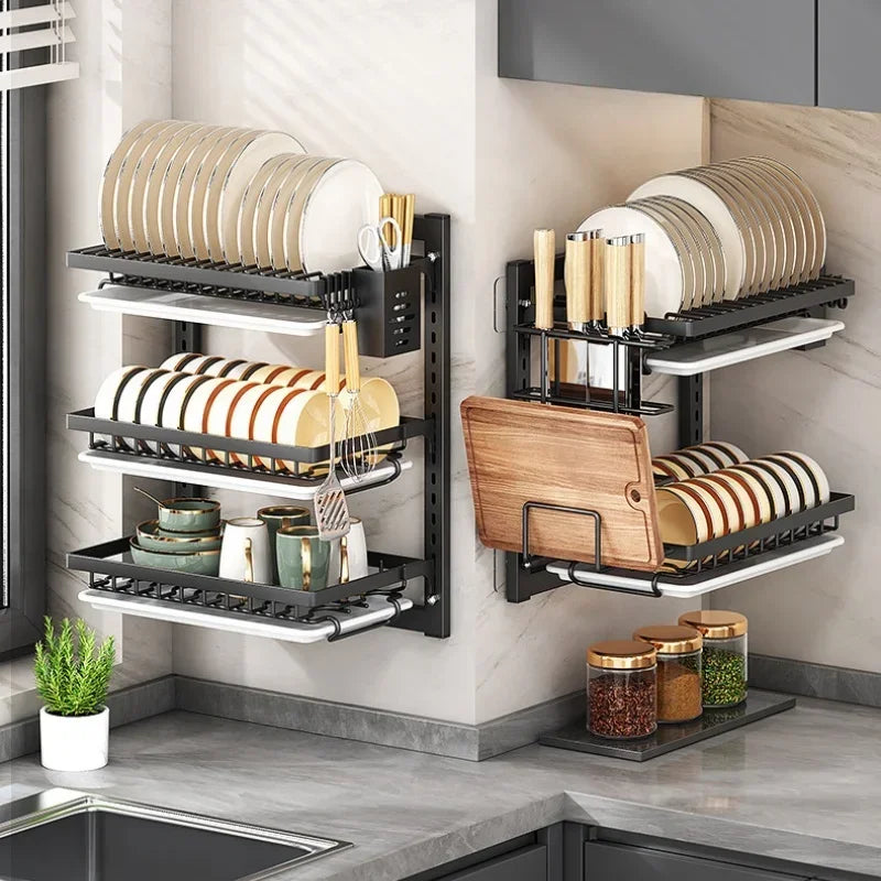 Kitchen Dish Rack Wall Mounted Multifunctional Storage Rack No-hole Cupboard with Chopsticks Knives Plates Draining Storage