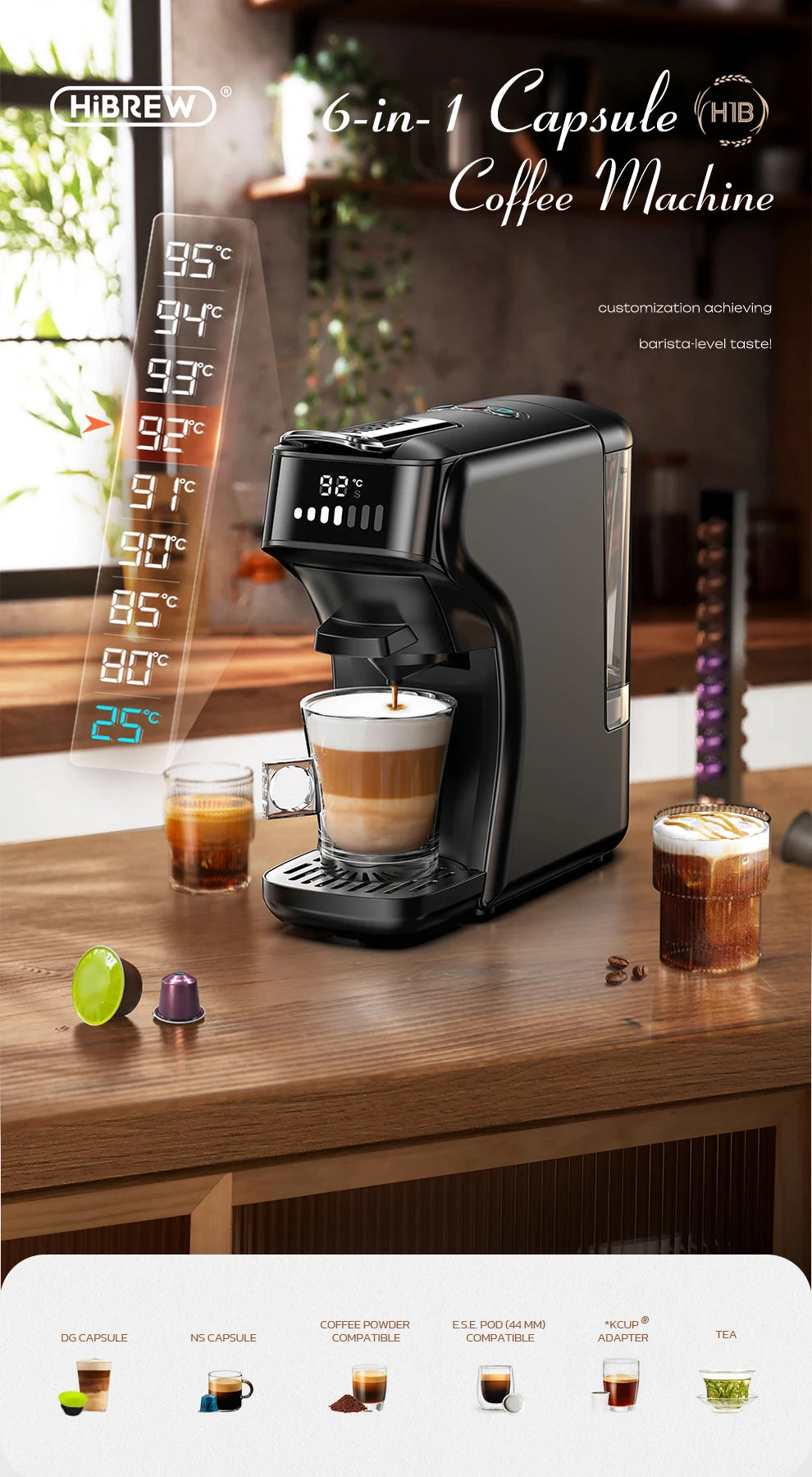 HiBREW 6in1 Capsule Coffee Machine Hot/Cold Multiple Espresso Cafetera Cappuccino Coffee Maker Dolce Gusto Nespresso Powder H1B