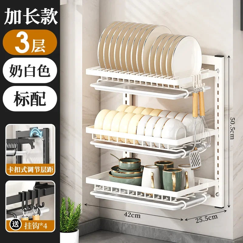 Kitchen Dish Rack Wall Mounted Multifunctional Storage Rack No-hole Cupboard with Chopsticks Knives Plates Draining Storage