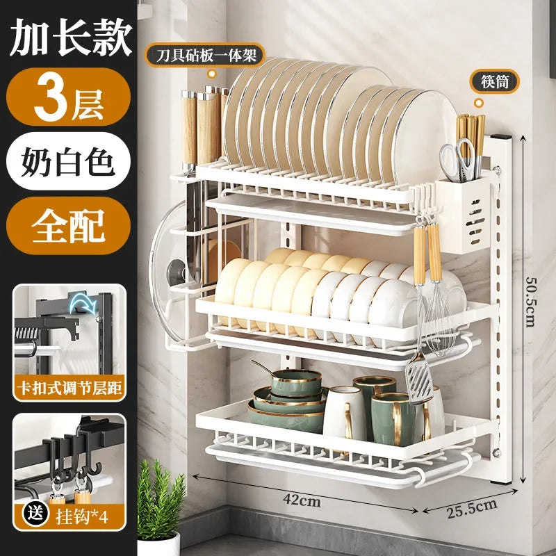 Kitchen Dish Rack Wall Mounted Multifunctional Storage Rack No-hole Cupboard with Chopsticks Knives Plates Draining Storage