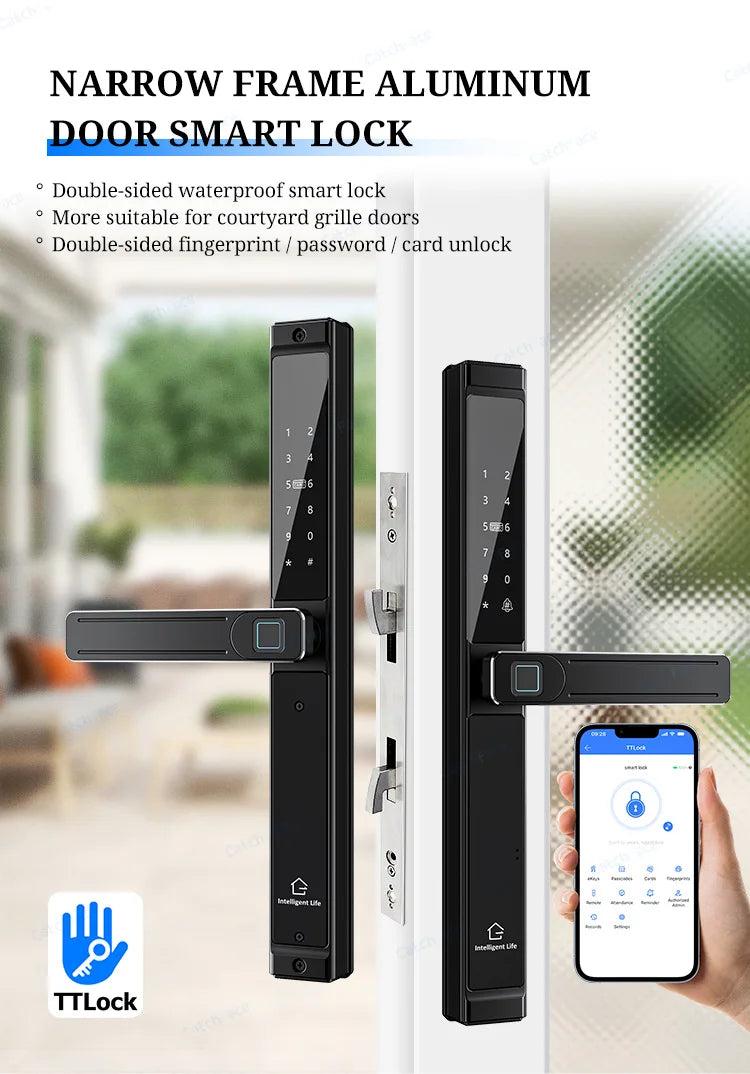 Waterproof Double-sided Gate Lock Fingerprint Lock APP RFID Code Keyless Smart Lock Electronic Door Lock for Aluminum Door/Iron