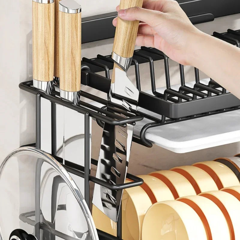 Kitchen Dish Rack Wall Mounted Multifunctional Storage Rack No-hole Cupboard with Chopsticks Knives Plates Draining Storage