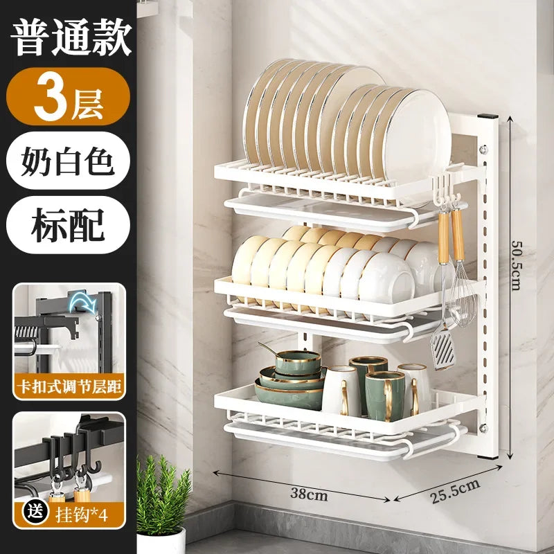 Kitchen Dish Rack Wall Mounted Multifunctional Storage Rack No-hole Cupboard with Chopsticks Knives Plates Draining Storage