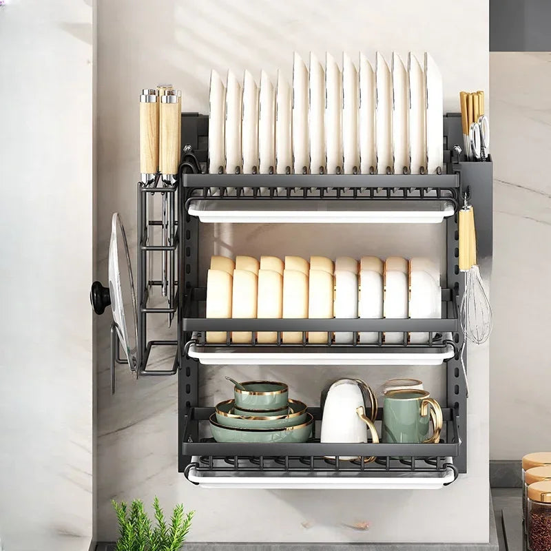 Kitchen Dish Rack Wall Mounted Multifunctional Storage Rack No-hole Cupboard with Chopsticks Knives Plates Draining Storage