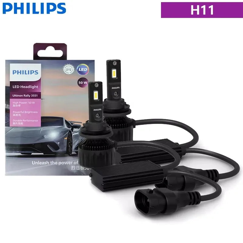 Philips Ultinon Rally 3551 LED H4 H7 H11 HB3/4 H18 H19 HIR2 Car Headlight 6500K White Max Power 100W Max Lumen 9000lm LED Bulb
