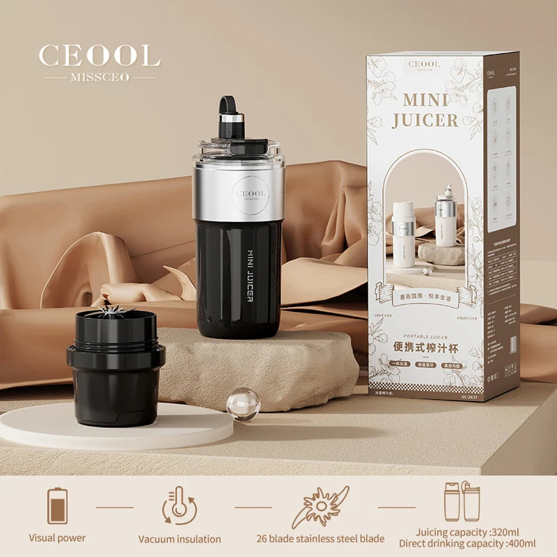 Insulated Juicer Double Layer Vacuum 304 Stainless Steel Juicers 350ml USB Charge Portable 26 Blades Strong Power Freesh Juicer