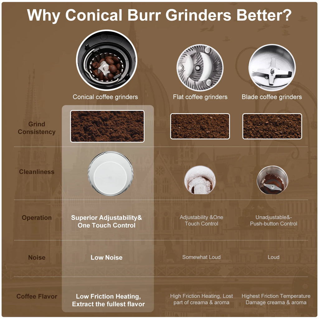 BioloMix Automatic Burr Mill Electric Coffee Grinder with 30 Gears for Espresso American Coffee Pour Over Visual Bean Storage