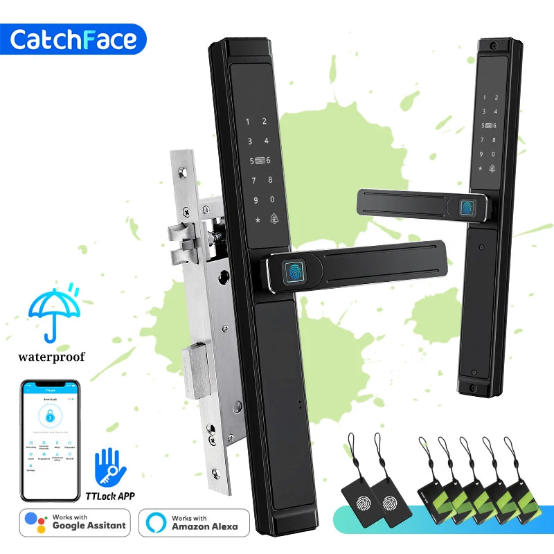 Waterproof Double-sided Gate Lock Fingerprint Lock APP RFID Code Keyless Smart Lock Electronic Door Lock for Aluminum Door/Iron