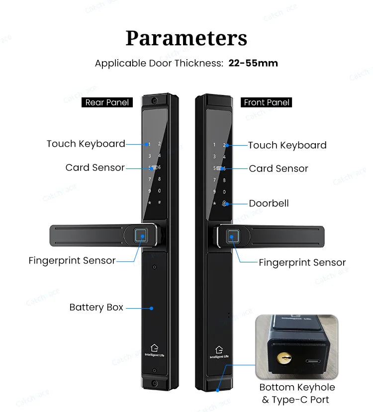 Waterproof Double-sided Gate Lock Fingerprint Lock APP RFID Code Keyless Smart Lock Electronic Door Lock for Aluminum Door/Iron