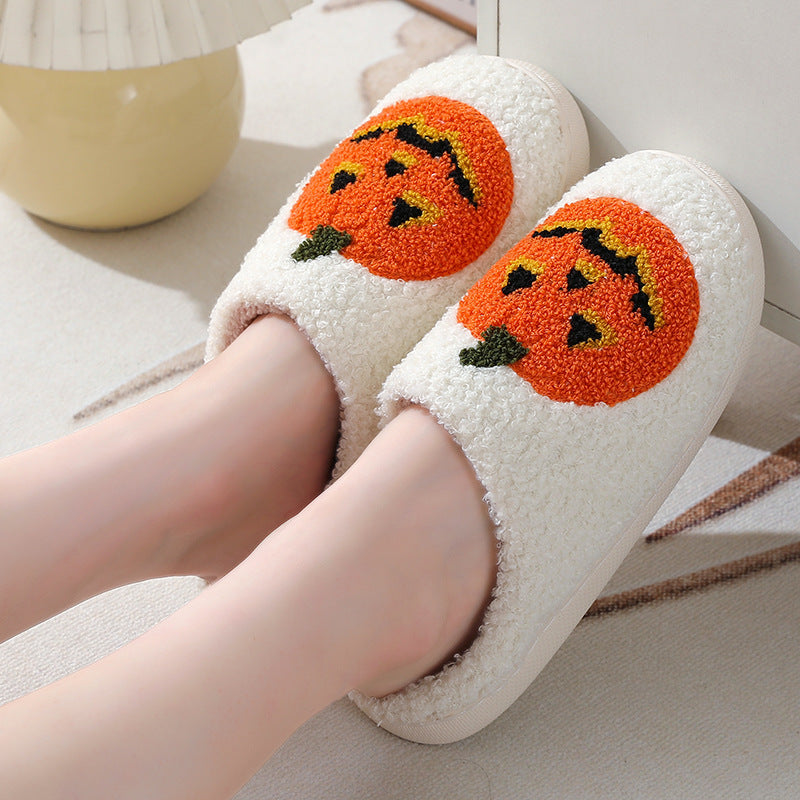 Halloween Pumpkin Cartoon Slippers – Warm Winter Indoor House Shoes for Men & Women