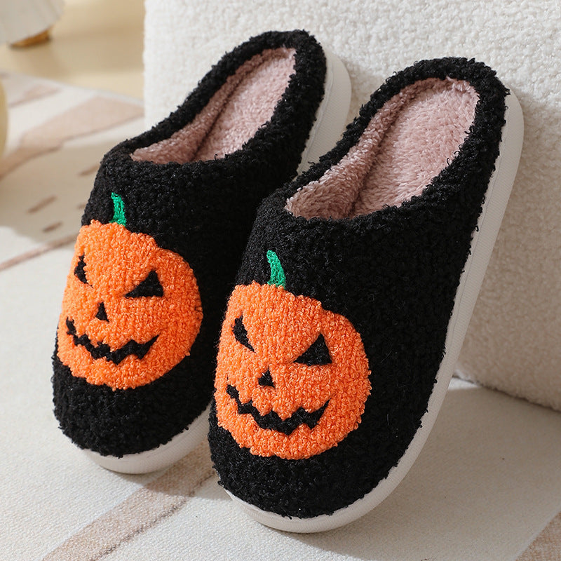 Halloween Pumpkin Cartoon Slippers – Warm Winter Indoor House Shoes for Men & Women