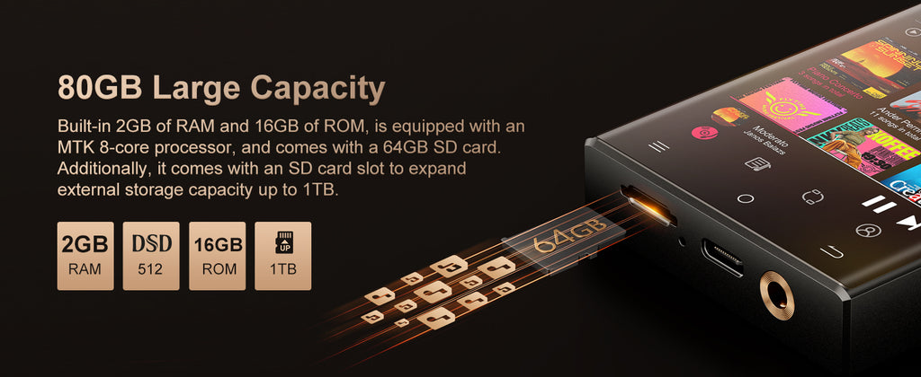 Hi-Fi MP3 Player with Bluetooth and WiFi, Oilsky Lossless DSD High-Resolution Digital Audio with 64GB Memory Card up to 1TB