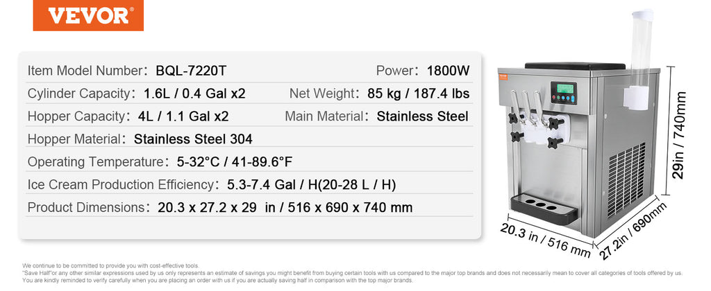 SucceBuy Commercial Ice Cream MachineSingle Flavor Countertop Soft Serve Ice Cream Maker Touch Screen Auto Clean Pre-cooling